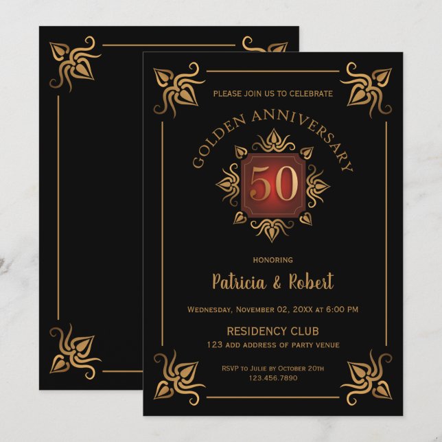 Invitation Élégant  50e anniversaire de mariage noir et or (Devant / Derrière)