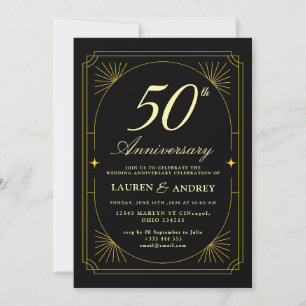 Invitation Élégant 50e anniversaire de mariage noir et or