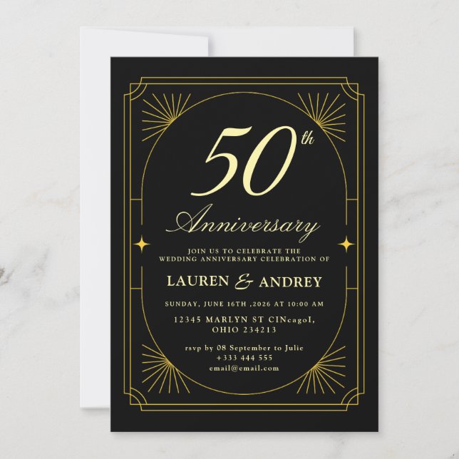 Invitation Élégant 50e anniversaire de mariage noir et or (Devant)