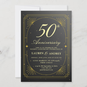 Invitation Élégant 50e anniversaire de mariage noir et or