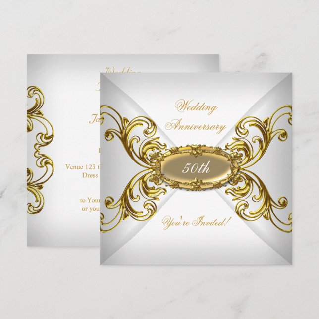 Invitation Élégant 50e anniversaire de mariage or blanc (Devant / Derrière)