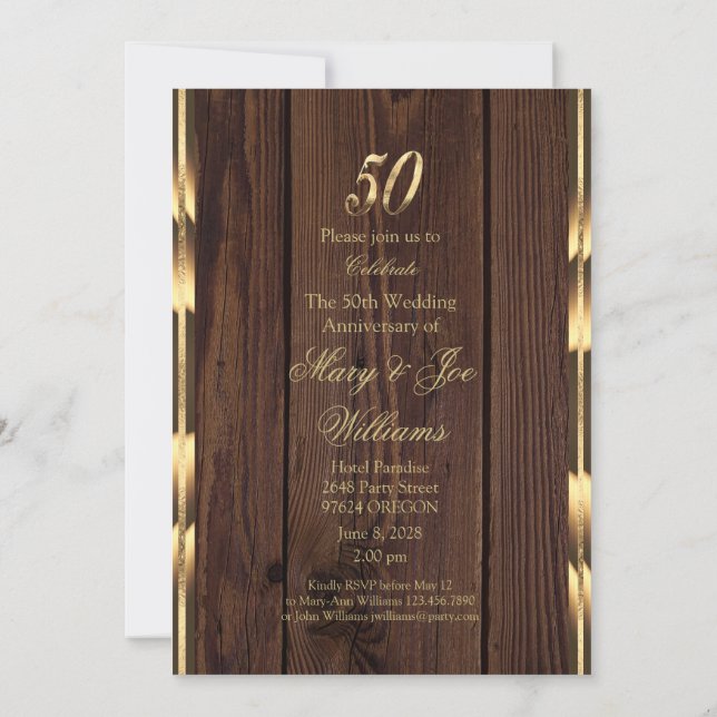 Invitation Élégant 50e anniversaire de mariage or bois rustiq (Dos)