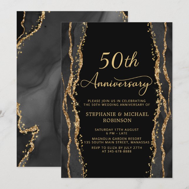 Invitation Élégant 50e anniversaire de mariage or noir (Devant / Derrière)