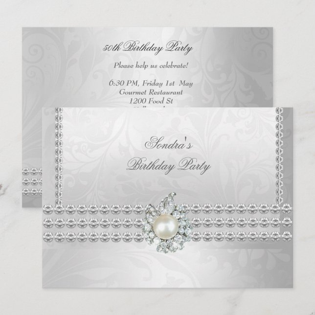 Invitation Elégant 50e Anniversaire Diamant Blanc Perle Argen (Devant / Derrière)