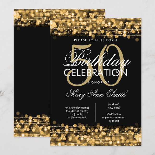 Invitation Élégant 50e anniversaire fête étincelle l'or (Devant / Derrière)