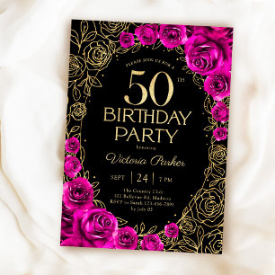 Invitation Élégant 50e Anniversaire Fuchsia Rose Noir & Or