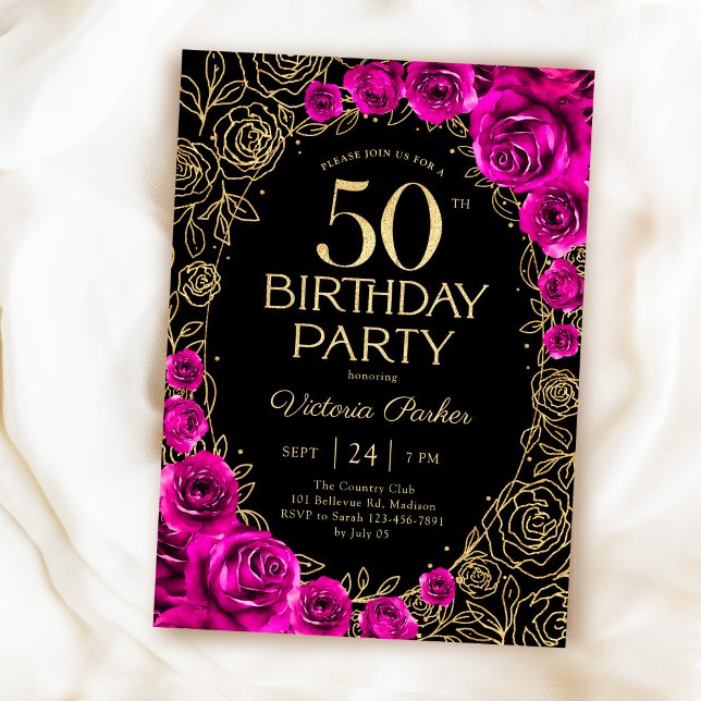 Invitation Élégant 50e Anniversaire Fuchsia Rose Noir & Or (Créateur téléchargé)