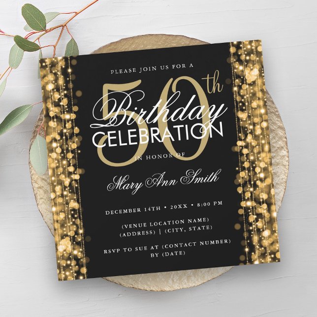 Invitation Élégant 50e anniversaire Glam étincelles or et noi (Elegant 50th Birthday Glam Sparkles Gold & Black Invitation)