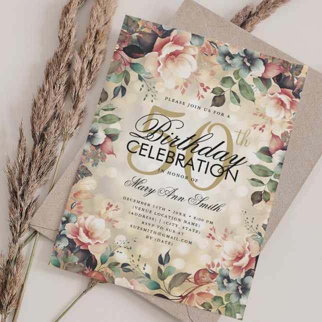 Invitation Elégant 50e anniversaire Glam Gold Lumières floral (Elegant 50th Birthday Glam Gold Floral Lights Invitation)