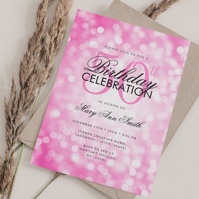 Invitation Élégant 50e anniversaire Glam Hot rose Shimmer Lum (Elegant 50th Birthday Glam Hot Pink Shimmer Light Invitation)
