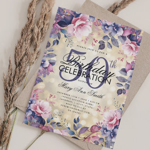 Invitation Elégant 50e anniversaire Glam or violet Floral