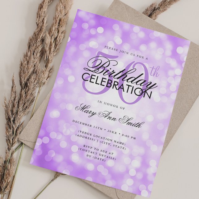 Invitation Élégant 50e anniversaire Glam violet Shimmer Lumiè (Elegant 50th Birthday Glam Purple Shimmer Light Invitation)