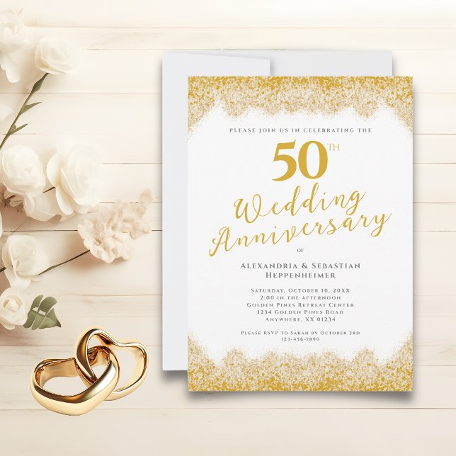 Invitation Élégant 50e anniversaire Mariage Parties scintilla (Elegant 50th Wedding Anniversary Faux Gold Glitter Invitation)