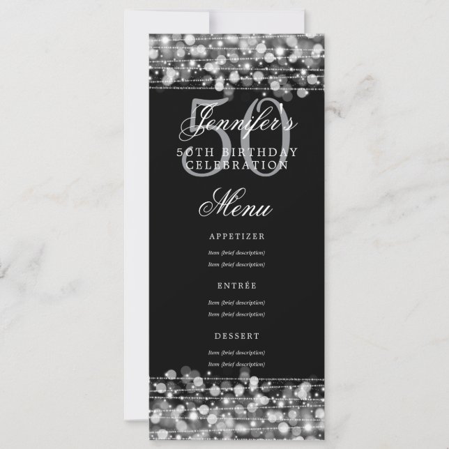 Invitation Elégant 50e anniversaire Menu Fête Lumière Argent (Devant)