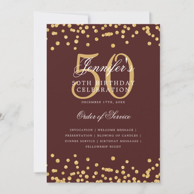 Invitation Élégant 50e Anniversaire Menu Gold Burgundy (Devant)