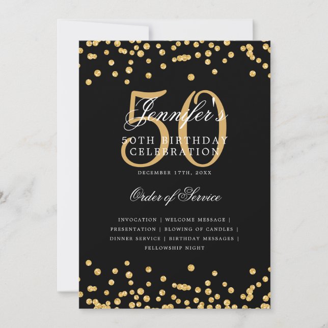 Invitation Élégant 50e Anniversaire Menu Gold Noir (Devant)