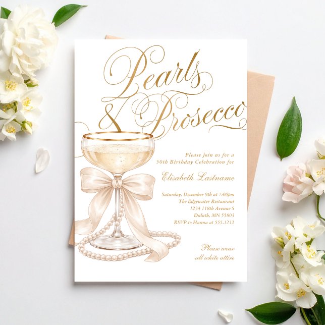Invitation Élégant 50e Anniversaire Perles et Prosecco (Elegant 50th Birthday Pearls and Prosecco Invitation)