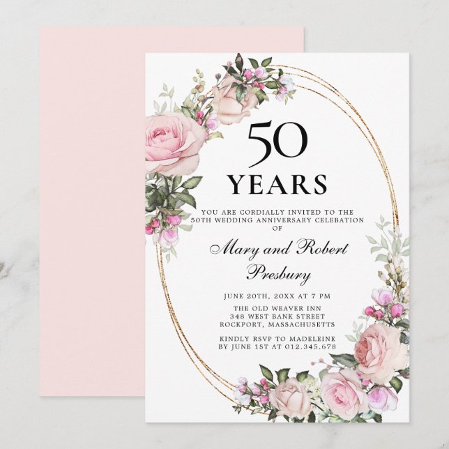 Invitation Élégant 50e Anniversaire Rose Fleur Rose (Devant / Derrière)