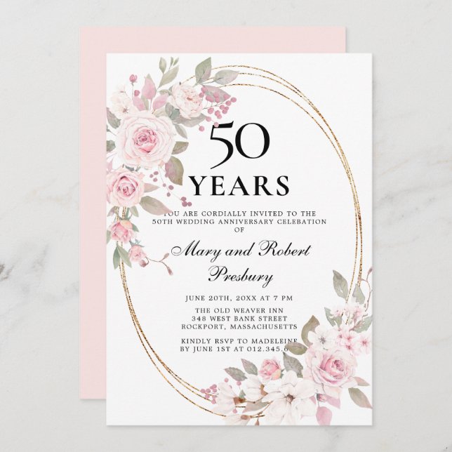 Invitation Élégant 50e anniversaire Rose rose floral Invitati (Devant / Derrière)
