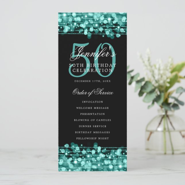 Invitation Élégant 50e Anniversaire Turquoise Merci (Debout devant)