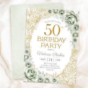 Invitation Elégant 50e anniversaire vert sauge or floral