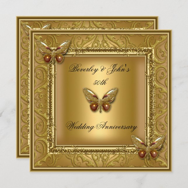 Invitation Élégant 50ème anniversaire de Mariage Damas d'or (Devant / Derrière)