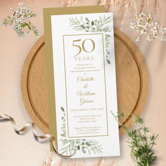 Invitation Elégant 50ème Anniversaire Or Aquarelle Verdure (Elegant 50th Gold Anniversary Watercolor Greenery Invitation)