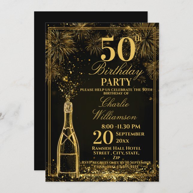 Invitation Elegant 50th Birthday Gold Bottle Fizz (Devant / Derrière)