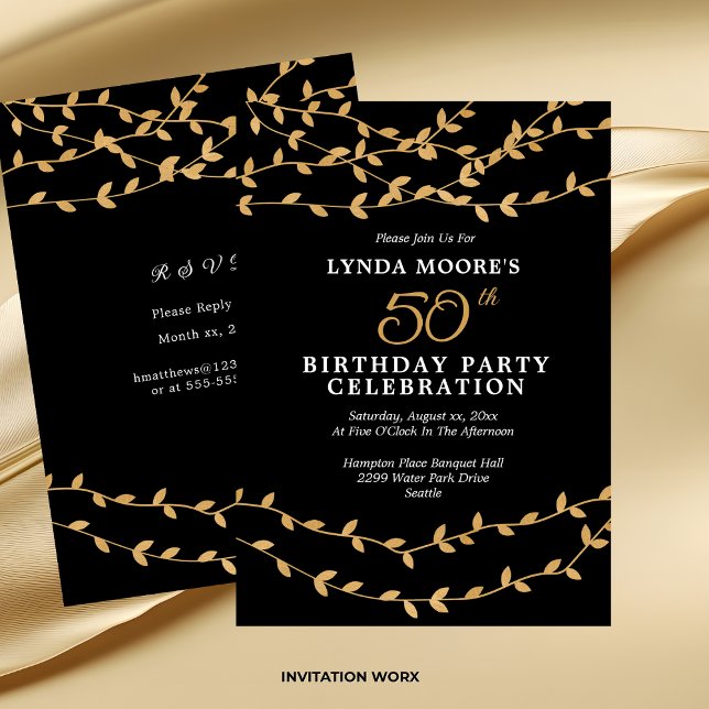 Invitation Elegant 50th Birthday Party Gold Leaves on Black (Elegant 50th Birthday Party Gold Leaves on Black Invitation)