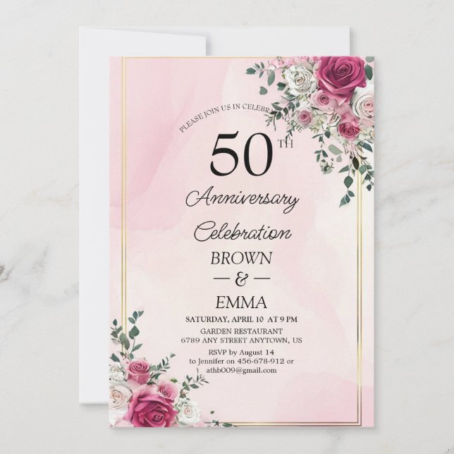 Invitation Elegant 50th Wedding Anniversary Floral Celebratio (Devant)