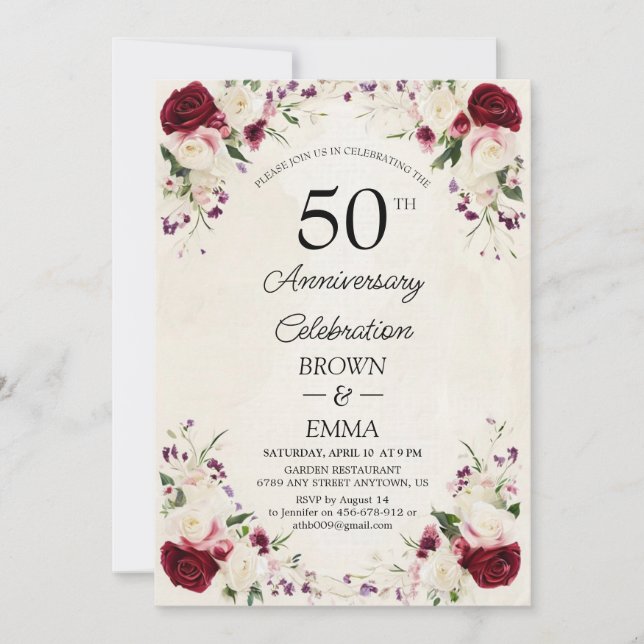Invitation Elegant 50th Wedding Anniversary Floral Celebratio (Devant)