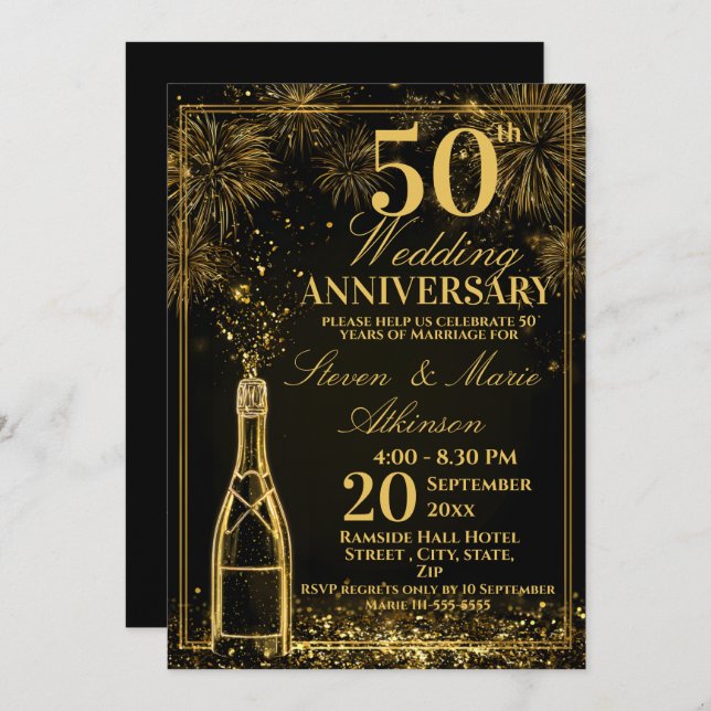 Invitation Elegant 50th Wedding Anniversary Gold Bottle Fizz (Devant / Derrière)