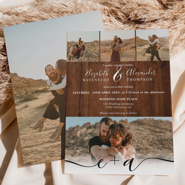 Invitation Elégant 5 Photos script moderne mariage bois rusti (Elegant 5 Photos modern script wedding rustic wood Invitation)