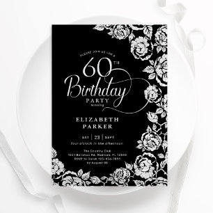 Invitation Élégant 60e anniversaire Black Silver Roses