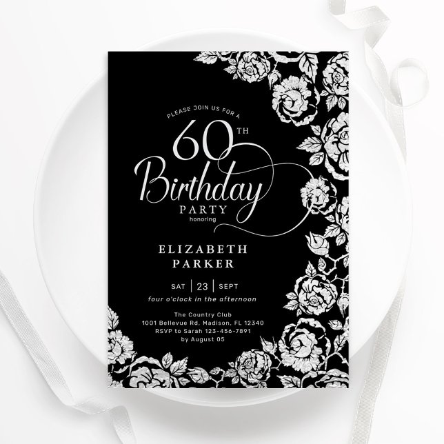 Invitation Élégant 60e anniversaire Black Silver Roses (Créateur téléchargé)