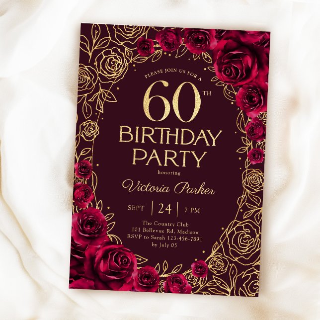 Invitation Élégant 60e Anniversaire Bordeaux Or Floral (Créateur téléchargé)
