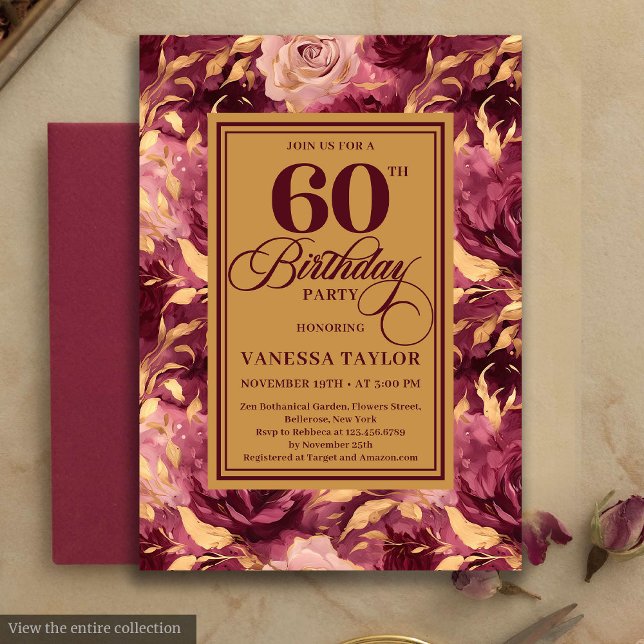 Invitation Élégant 60e Anniversaire Bourgogne Rose Doré Flora (Watercolor 60th birthday invitation with burgundy and blush roses, gold leaves, and boho style, prof)