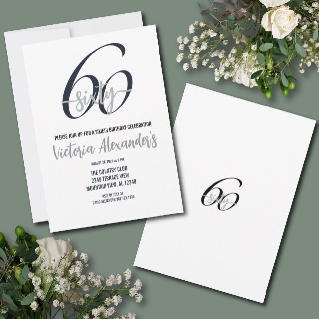 Invitation Elégant 60e anniversaire écriture noire et argent (Elegant Black Silver 60th Birthday Invitation)