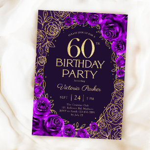Invitation Élégant 60e Anniversaire Fleurs Violettes Or