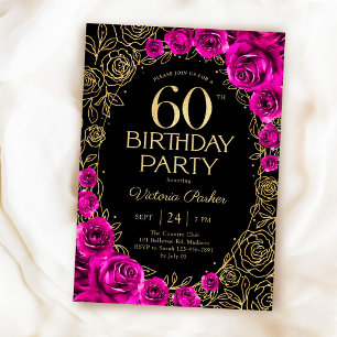 Invitation Élégant 60e anniversaire Fuchsia rose noir & or