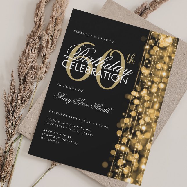 Invitation Élégant 60e anniversaire Glam étincelles or et noi (Elegant 60th Birthday Glam Sparkles Gold & Black Invitation)