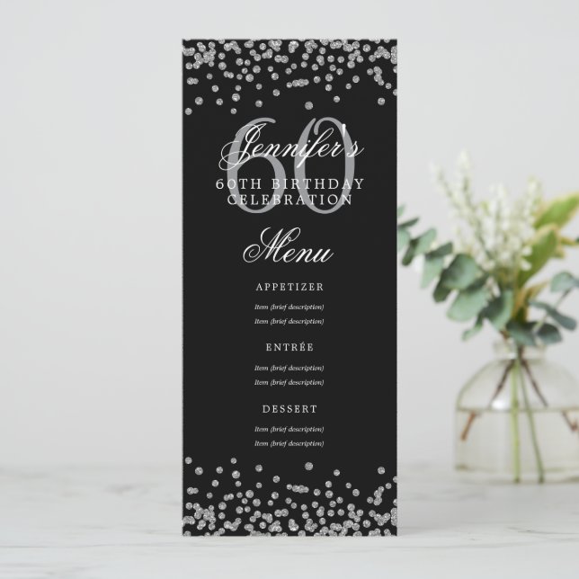 Invitation Elégant 60e Anniversaire Menu Argent Noir Confetti (Debout devant)