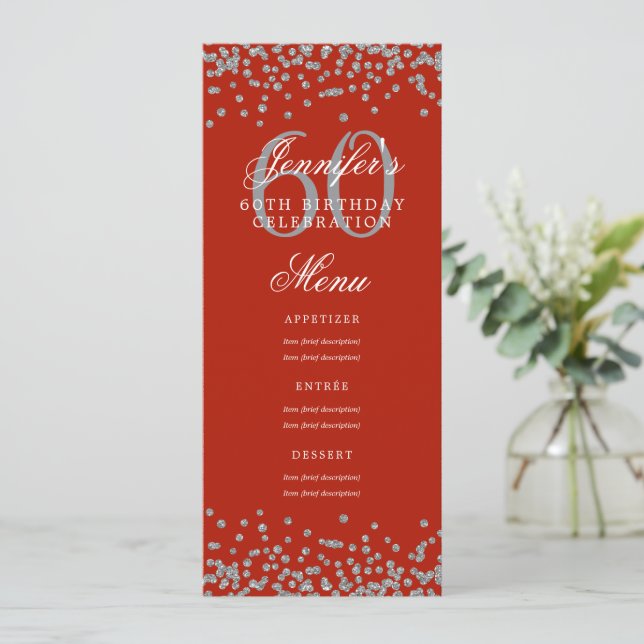 Invitation Elégant 60e Anniversaire Menu Argent Rouge Confett (Debout devant)