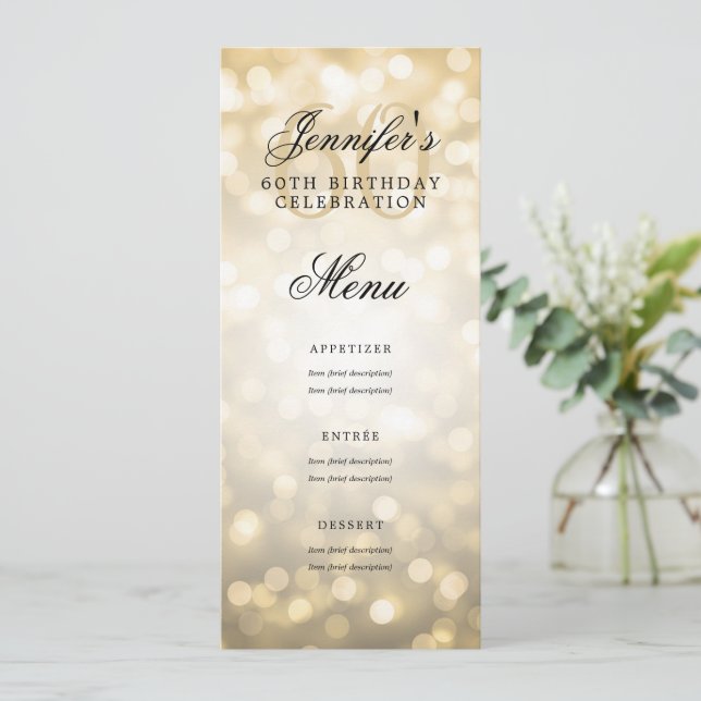 Invitation Élégant 60e Anniversaire Menu Gold Bokeh Lights (Debout devant)