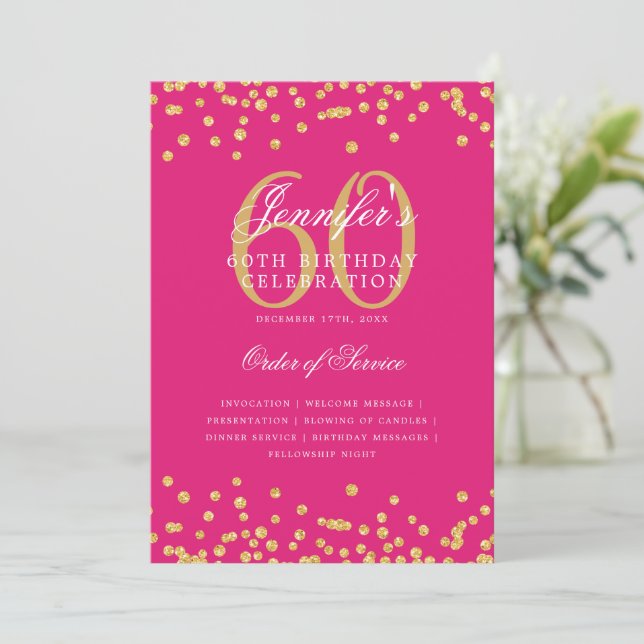 Invitation Élégant 60e Anniversaire Menu Gold Hot Pink (Debout devant)