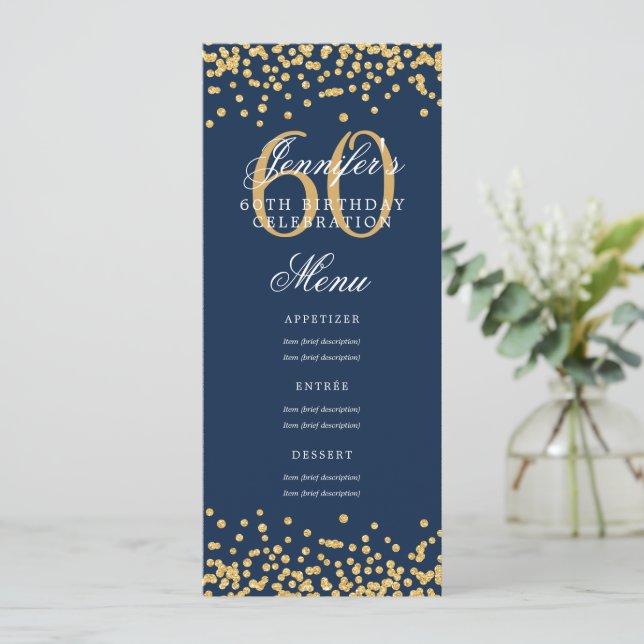 Invitation Elégant 60e Anniversaire Menu Gold Marine Blue Con (Debout devant)