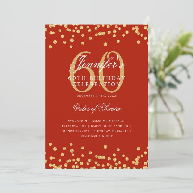 Invitation Élégant 60e Anniversaire Menu Gold Red (Debout devant)
