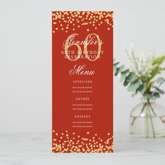 Invitation Elégant 60e Anniversaire Menu Gold Red Confetti (Debout devant)