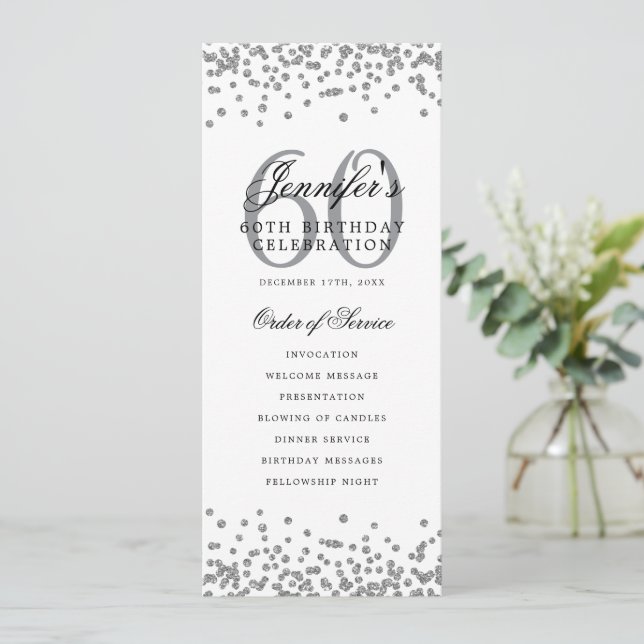 Invitation Elégant 60e Anniversaire Menu Merci Argent (Debout devant)