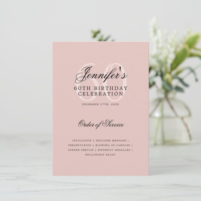 Invitation Élégant 60e Anniversaire Menu rose (Debout devant)